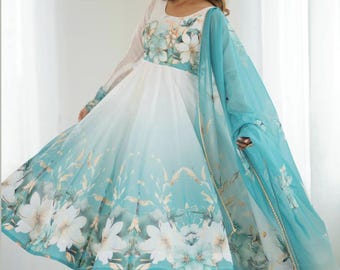 Designer floral print organza silk anarkali suit set with pant and dupatta for women