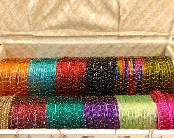 Multicolour glass raindrop bangles 12 dozen with organiser box set for women