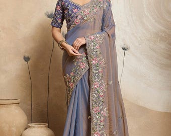 Designer soft shiny chiffon saree with embroidered blouse set for festive and party wear