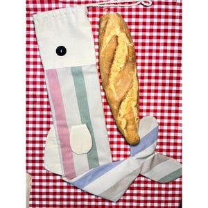 Op de afbeelding: Een vers stokbrood ligt naast een gestreepte ovenwant en broodzak op een rood-wit geruite tafelkleed. De broodzak heeft een knoopsluiting en roze, groene en witte strepen. De ovenwant heeft een bijpassend streepjespatroon.