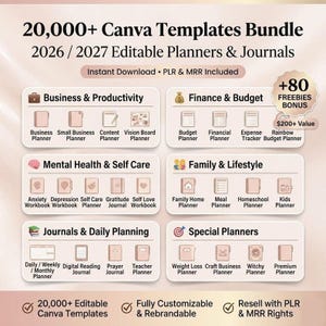 May include: A digital product bundle with over 20,000 Canva templates for planners and journals. Includes templates for business, finance, mental health, family, and special planners. Features instant download, PLR, and MRR rights. Includes a bonus of 80 freebies.