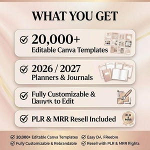May include: A graphic with the text "WHAT YOU GET" and details about editable Canva templates, planners, journals, and resell rights. The image includes icons and text such as "20,000+ Editable Canva Templates" and "PLR & MRR Resell Included."