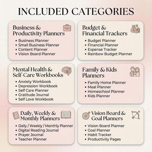 May include: A graphic featuring the text "INCLUDED CATEGORIES" and six categories of planners and workbooks. Categories include Business & Productivity Planners, Budget & Financial Trackers, Mental Health & Self-Care Workbooks, Family & Kids Planners, Daily, Weekly & Monthly Planners, and Vision Board & Goal Planners.