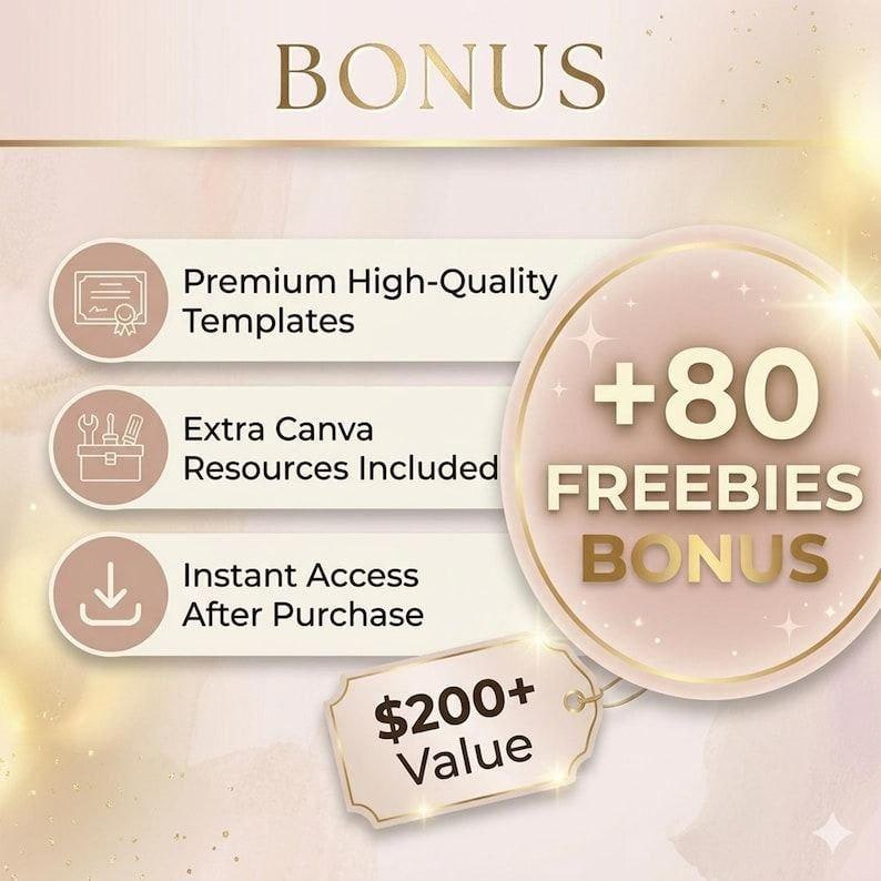 May include: A promotional graphic with the word "BONUS" at the top. It includes text about premium templates, Canva resources, and instant access. A circular badge reads "+80 FREEBIES BONUS" and a tag says "$200+ Value."