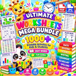 Może przedstawiać: Kolorowy cyfrowy zestaw edukacyjny z ilustracją żyrafy i pandy, z tekstem Ultimate Worksheets Mega Bundle 1000+ Printable Activities for Kids & Students, zawierający arkusze ćwiczeń z matematyki, czytania i pisania.