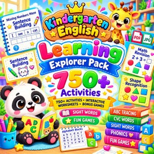 Może przedstawiać: Kolorowy pakiet edukacyjny zatytułowany Kindergarten English Learning Explorer Pack 750+ Activities, przedstawiający pandę z kreskówki czytającą alfabet, żyrafę, arkusze matematyczne, karty z kształtami oraz stos książek.