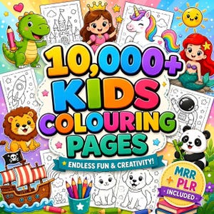 Può includere: Illustrazione colorata per bambini con il testo "10,000+ KIDS COLOURING PAGES". L'immagine include vari personaggi dei cartoni animati come un dinosauro, una principessa, un unicorno, una sirena, un panda e un leone. È presente anche la frase "ENDLESS FUN & CREATIVITY!".
