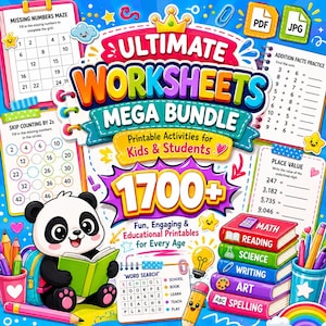 May include: A colorful educational bundle featuring a cartoon panda reading a book, surrounded by math worksheets, a word search, and a stack of books labeled Math, Reading, Science, Writing, Art, and ABC Spelling, with the text Ultimate Worksheets Mega Bundle.