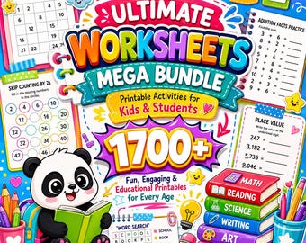 May include: A colorful educational bundle featuring a cartoon panda reading a book, surrounded by math worksheets, a word search, and a stack of books labeled Math, Reading, Science, Writing, Art, and ABC Spelling, with the text Ultimate Worksheets Mega Bundle.