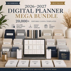 May include: A digital planner mega bundle for 2026-2027, featuring 20,000+ editable Canva templates. Includes planners, journals, trackers, and more. The image shows a laptop, smartphones, and various organizational tools.