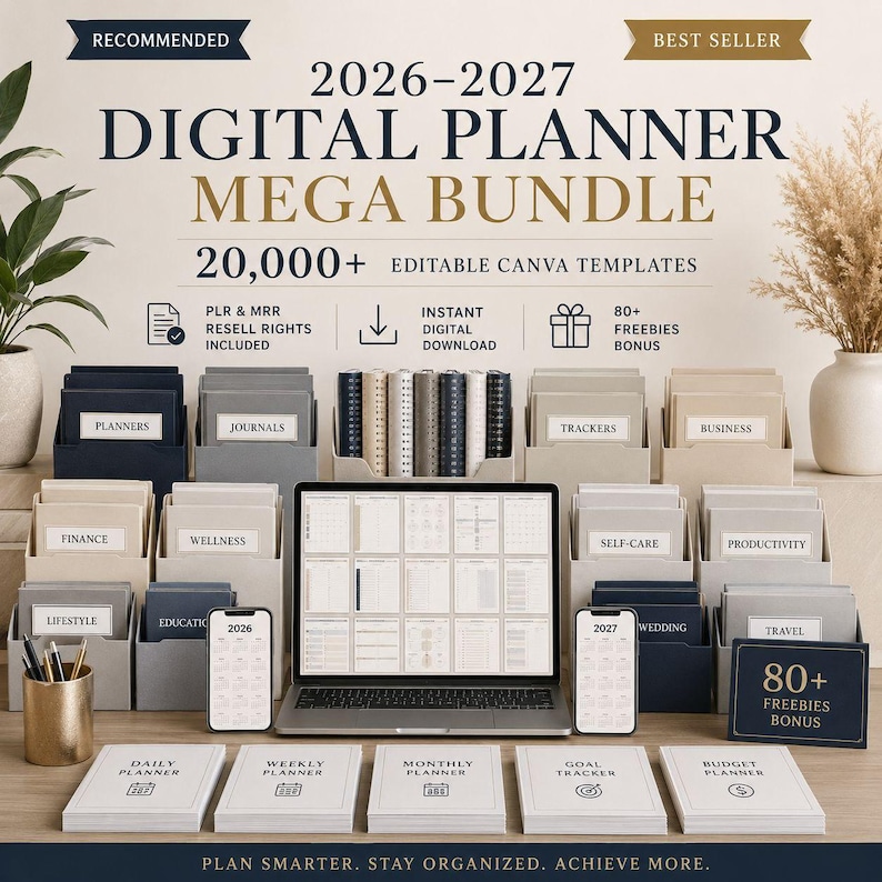 May include: A digital planner mega bundle for 2026-2027, featuring 20,000+ editable Canva templates. Includes planners, journals, trackers, and more. The image shows a laptop, smartphones, and various organizational tools.
