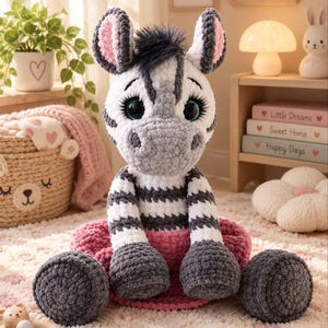 Puede incluir: Un peluche de cebra hecho de hilo suave y texturizado. La cebra tiene un cuerpo a rayas blancas y grises, una melena gris oscuro y el interior de las orejas de color rosa. Presenta ojos grandes y expresivos con pestañas largas y está sentada.