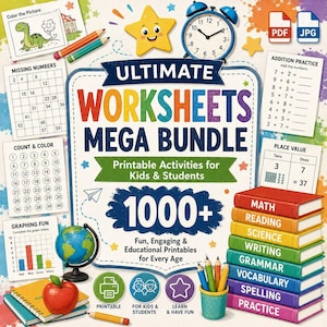 May include: A colorful graphic promoting a mega bundle of printable worksheets for kids and students. The image features a variety of educational materials, including math, reading, and science activities, along with a globe, books, and pencils.