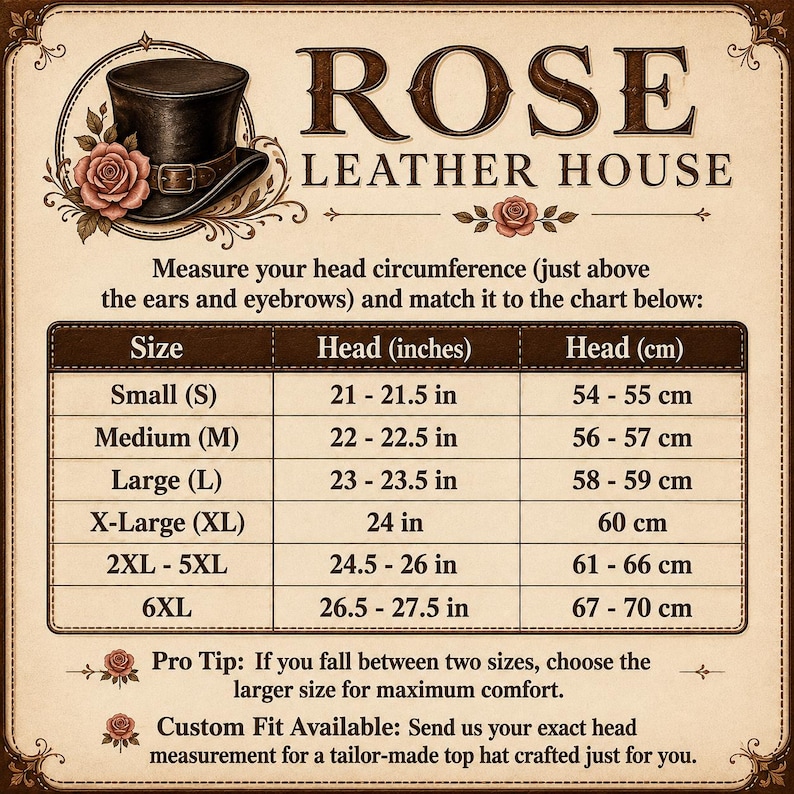 May include: A Rose Leather House sizing chart for top hats. The chart lists sizes from Small to 6XL with corresponding head measurements in inches and centimetres. It includes instructions to measure head circumference above ears and eyebrows.