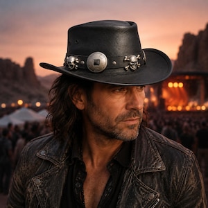 Puede incluir: Un sombrero negro estilo fedora con una banda oscura adornada con detalles metálicos plateados, incluyendo dos emblemas de calaveras con tibias cruzadas y un medallón circular central con un recorte cuadrado, sobre un fondo de concierto borroso.