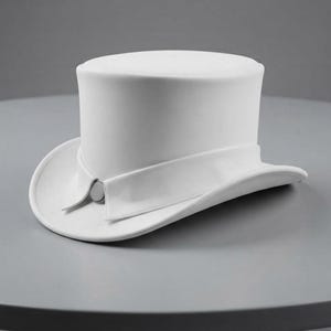 May include: A solid white top hat featuring a structured cylindrical crown and a curved brim. A band encircles the base of the crown, secured at the front by a single, circular, matching white button detail that mimics a shirt collar design.