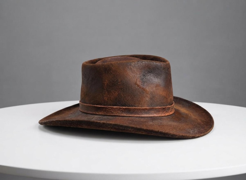 May include: A distressed brown leather cowboy hat with a weathered texture and a matching leather band around the crown. The hat features a structured brim and a deep, rounded crown, showcasing a dark, uneven finish across the entire surface.