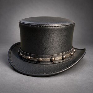 Black Leather Top Hat, Studded Steampunk Hat, Gothic Victorian Costume Hat, Handmade Leather Topper, Men's Alternative Fashion