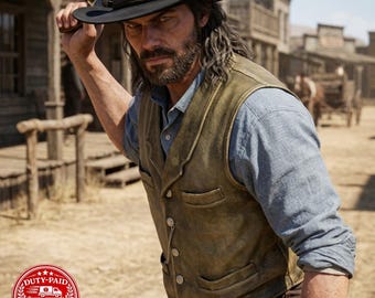 May include: A person with long dark hair and a beard wearing a black felt hat, a light blue button-down shirt with rolled sleeves, and a weathered olive-green leather waistcoat with silver buttons and a small pocket chain in a dusty western setting.