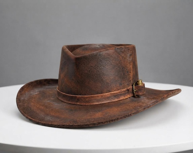 May include: A dark brown, distressed leather cowboy hat with a wide, curved brim and a high crown. A thin leather band wraps around the base of the crown, secured by a small, metallic brass-coloured buckle and a single decorative bullet casing.