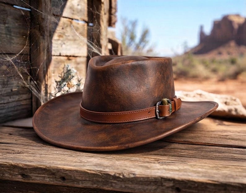 May include: A distressed brown leather cowboy hat with a wide brim and a pinched crown. The hat features a smooth, thin brown leather band wrapped around the base, secured by a metallic buckle with a small brass-coloured bullet casing detail.