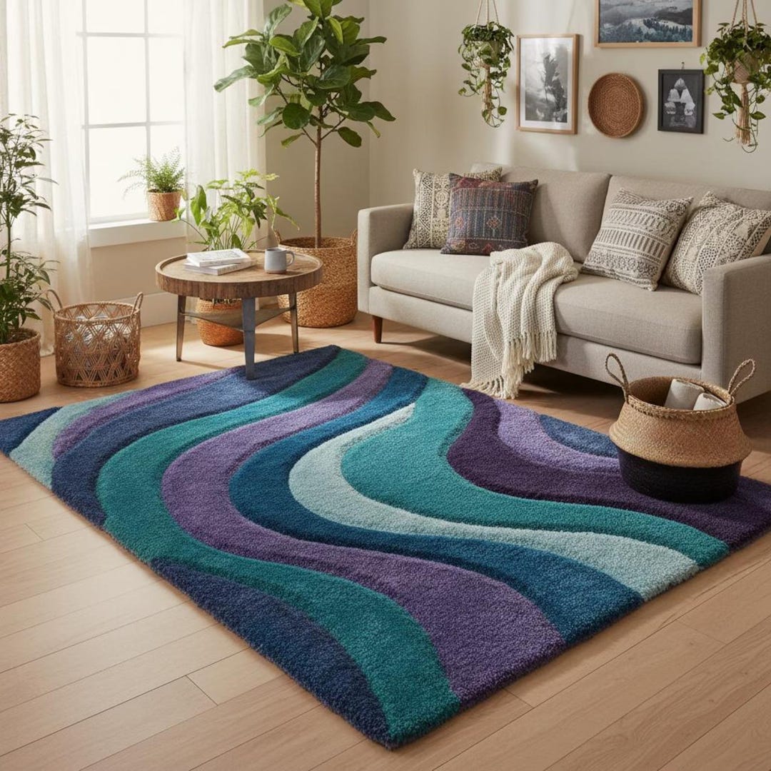 Hand Tufted Retro Abstract Wave Area Rug - Etsy