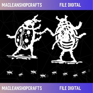 May include: Digital file showing two white stylized beetles dancing on a black background with a geometric pattern. Several white ants are scattered below. The text "MACLEANSHOPCRAFTS" and "FILE DIGITAL" are displayed.