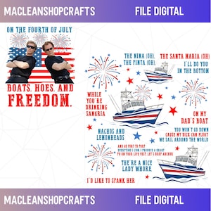 Puede incluir: Un diseño gráfico digital con dos hombres en camisas negras y gafas de sol frente a una bandera estadounidense con el texto "ON THE FOURTH OF JULY BOATS, HOES, AND FREEDOM." A la derecha se muestran barcos, fuegos artificiales y letras de canciones explícitas.