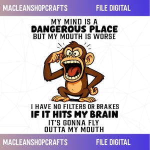 Op de afbeelding: Een digitaal bestand met een cartoon aap illustratie. De afbeelding bevat de tekst: "MY MIND IS A DANGEROUS PLACE BUT MY MOUTH IS WORSE" en "I HAVE NO FILTERS OR BRAKES IF IT HITS MY BRAIN IT'S GONNA FLY OUTTA MY MOUTH."