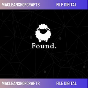 Puede incluir: Un gráfico digital que presenta un icono de oveja blanca centrado sobre el texto Found. El fondo es negro con un sutil patrón de líneas geométricas. Los bordes superior e inferior son morados con el texto MACLEANSHOPCRAFTS y FILE DIGITAL.
