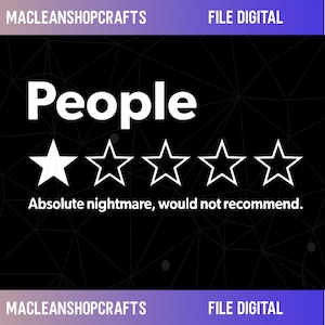 May include: Digital file with the word "People" in white, above a one-star rating. The text "Absolute nightmare, would not recommend" is below the stars. The background is black with a geometric pattern.