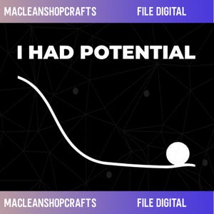 Puede incluir: Archivo digital con el texto "I HAD POTENTIAL" en blanco, sobre una línea blanca y una bola blanca sobre un fondo negro con un patrón geométrico. El archivo también incluye el texto "MACLEANSHOPCRAFTS" y "FILE DIGITAL".