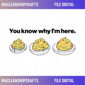May include: A digital graphic featuring the text "You know why I'm here." above three illustrated deviled eggs of varying sizes. Each egg half is white with a yellow yolk filling containing small red and orange flecks, set against a white background.