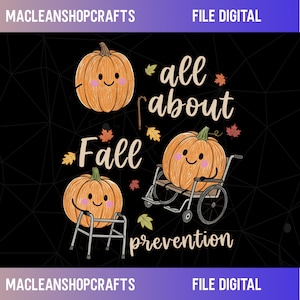 Può includere: Un grafico digitale su sfondo nero che mostra tre zucche arancioni con facce sorridenti. Una zucca usa un deambulatore argentato, un'altra è seduta su una sedia a rotelle argentata e un bastone è nelle vicinanze. Il testo recita all about Fall prevention.