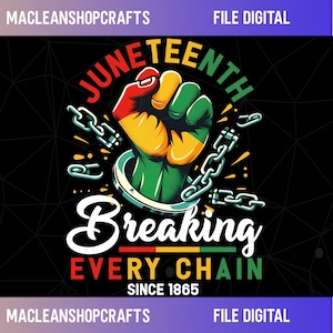 Könnte beinhalten: Digitalgrafik mit dem Text "Juneteenth" in Rot, Gelb und Grün, über einer Faust, die Ketten zerbricht. Die Worte "Breaking Every Chain Since 1865" stehen darunter. Die Faust ist in Rot, Gelb und Grün gefärbt.