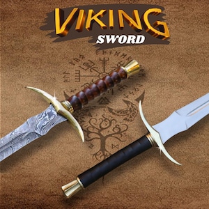 May include: Two Viking swords with gold and silver detailing. One sword has a patterned blade and a brown wooden handle. The other has a silver blade and a black leather handle. The words "VIKING SWORD" are displayed in gold.