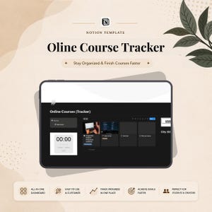May include: A digital Notion template for online course tracking. The image shows a tablet-like interface with the text "Oline Course Tracker" and "Stay Organized & Finish Courses Faster." Additional icons and text describe features like dashboards and goal achievement.