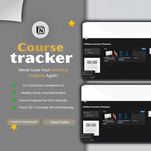 May include: A digital course tracker with the text "Course tracker" in yellow and white. Features include completion calculation, study reminders, and visual progress tracking. The image also includes the text "Instant Download" and "Best Seller".