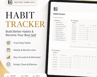 Habit Tracker Notion Template - Build Daily Habits, Stay Consistent & Motivated, Instant Downlaod