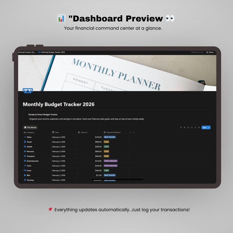 Budget Display Monthly Budget Tracker Notion Templates 2026 | Expense Tracker ...
