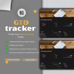 以下が含まれることがあります： 「GTD tracker」と「Get Your Mental-Clarity Today」のテキストが表示されたデジタルGTDトラッカーインターフェース。インターフェースには、To-Doリストとカレンダーが表示されます。追加のテキストには、「Capture everything. Forget nothing.」と「Instant Download」が含まれています。