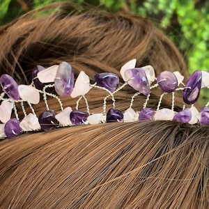 Amethyst and Rose Quartz Tiara Handmade Semi-precious Stones on Silver Tone Band