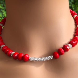 Bright Red Handmade Beaded and Pave&#39; Necklace Rhinestone Bar