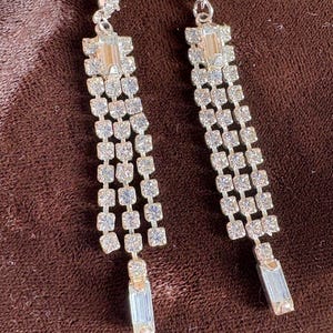 Statement Baguette Rhinestone Drop Earrings with Tassels Vintage for Pierced Ears  Silver Tone