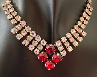 Red Rhinestone Necklace Vintage Clear and Red Crystal Choker