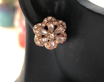 Floral Rhinestone Earrings for pierced ears.  Vintage sparkly crystal flowers on gold tone metal.