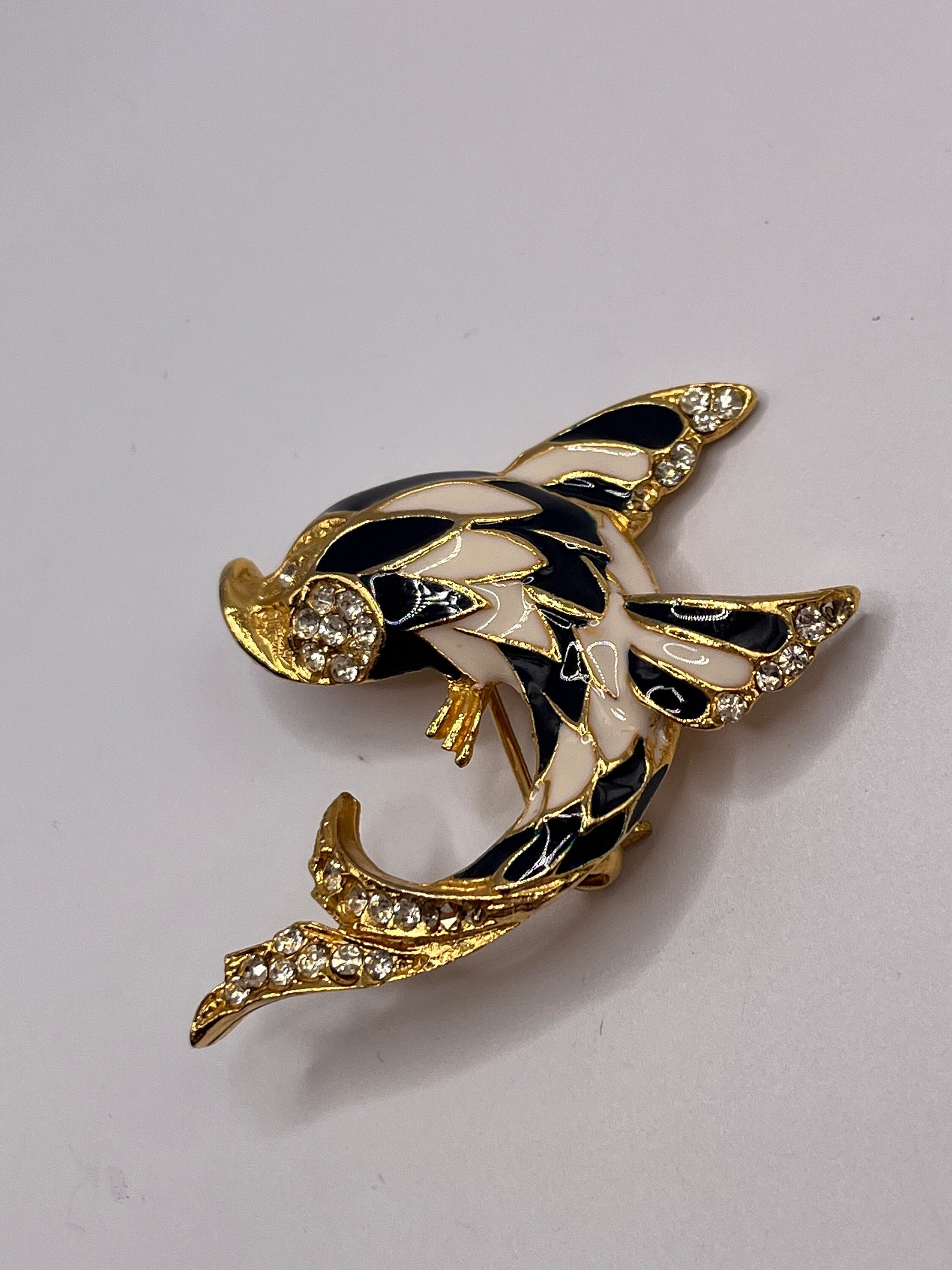 Broche poisson volant vintage en émail RÉDUIT : strass strass doré - France