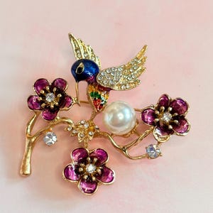 Hummingbird Brooch with Crystal and Blue and Mauve Enamel Bird Pearl and Floral Pin