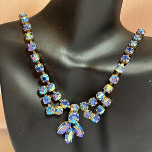 Choker with Blue Violet Aurora Borealis Rhinestones Vintage Marquise Drop Necklace AB Crystal Swag Fan Dropper Collar