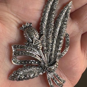 Vintage Marcasite Floral Brooch Pin in Silver Tone